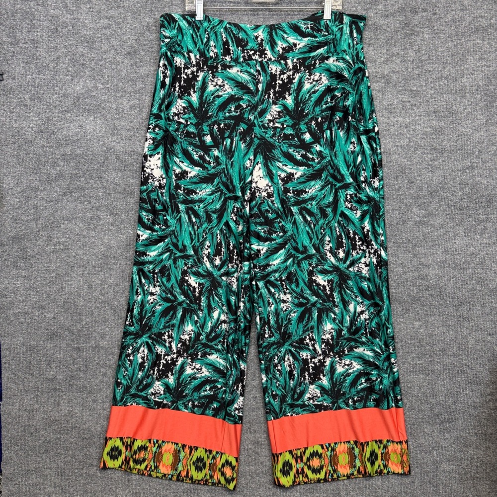 Cato Womens Size 18/20 Palazzo Pants Green Combo Palm Tropical Pull On Stretch